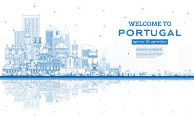 Portekiz 'e hoş geldiniz. Blue Buildings ve Reflections ile City Skyline ana hatları. Vektör İllüstrasyonu. Modern ve Tarihsel Mimarlık kavramı. Tarihi yerleri olan Portekiz şehri manzarası. Porto ve Lizbon.
