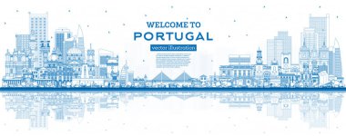 Portekiz 'e hoş geldiniz. Blue Buildings ve Reflections ile City Skyline ana hatları. Vektör İllüstrasyonu. Modern ve Tarihsel Mimarlık kavramı. Tarihi yerleri olan Portekiz şehri manzarası. Porto ve Lizbon.