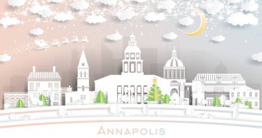 Annapolis Maryland City Skyline 'da Kar Taneleri, Ay ve Neon Garland ile birlikte. Vektör İllüstrasyonu. Noel ve Yeni Yıl Kavramı. Noel Baba kızakta. Annapolis Şehir Manzaraları.