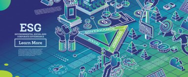 ESG Çevre, Sosyal ve Yönetim kavramı. Karbondioksit Karbon emisyon azaltımı. Vektör İllüstrasyonu. Sürdürülebilir Gelişim. Isometric Taslak Konsepti. Yeşil renk. Alternatif Enerji.