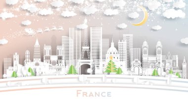 France City Skyline, Kar Taneleri, Ay ve Neon Garland ile Kağıt Kesiği Tarzı. Vektör İllüstrasyonu. Noel ve Yeni Yıl Kavramı. Noel Baba kızakta. Tarihi Simgelere sahip Fransa Şehri.