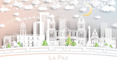 La Paz Bolivya Şehri 'nin Skyline' ı Kar Taneleri, Ay ve Neon Garland ile birlikte. Vektör İllüstrasyonu. Noel ve Yeni Yıl Kavramı. Noel Baba kızakta. Landmarks ile La Paz Şehir Manzarası