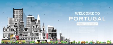 Portekiz 'e hoş geldiniz. Gray Binaları ve Blue Sky ile City Skyline. Vektör İllüstrasyonu. Modern ve Tarihsel Mimarlık kavramı. Tarihi yerleri olan Portekiz şehri manzarası. Porto ve Lizbon.