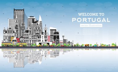Portekiz 'e hoş geldiniz. Gray Binaları, Blue Sky ve Reflections ile City Skyline. Vektör İllüstrasyonu. Modern ve Tarihsel Mimarlık. Tarihi yerleri olan Portekiz şehri manzarası. Porto ve Lizbon.