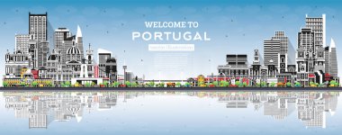 Portekiz 'e hoş geldiniz. Gray Binaları, Blue Sky ve Reflections ile City Skyline. Vektör İllüstrasyonu. Modern ve Tarihsel Mimarlık. Tarihi yerleri olan Portekiz şehri manzarası. Porto ve Lizbon.