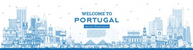 Portekiz 'e hoş geldiniz. Blue Buildings ile Skyline 'ın taslağı. Vektör İllüstrasyonu. Modern ve Tarihsel Mimarlık kavramı. Tarihi yerleri olan Portekiz şehri manzarası. Porto ve Lizbon.