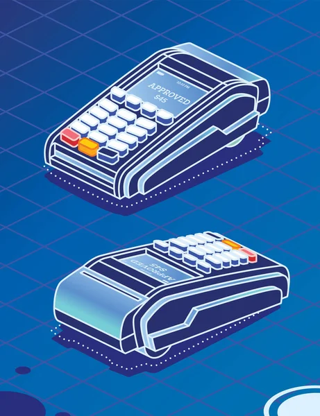 Isometrisches Kassenterminal Auf Blauem Hintergrund Zahlungsmaschine Sicheres Kontaktloses Nfc Bezahlen — Stockvektor
