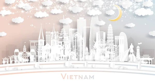 Vietnam City Skyline Paper Cut Stil Mit Weißen Gebäuden Mond — Stockvektor