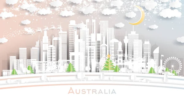 澳大利亚城市天际线剪纸风格与雪花 月亮和霓虹灯加兰 病媒说明 圣诞节和新年的概念 雪橇上的圣诞老人 具有地标的澳大利亚城市景观 — 图库矢量图片