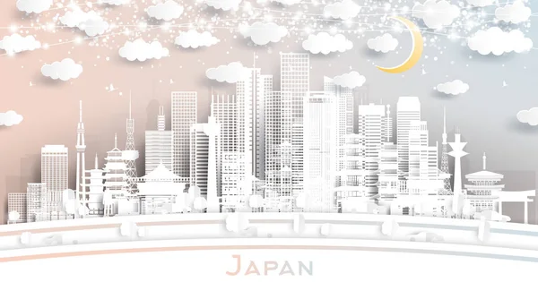 Japans Stadtsilhouette Papierschnitt Stil Mit Weißen Gebäuden Mond Und Neon — Stockvektor
