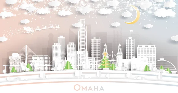 Omaha Nebraska Şehrinin Skyline Kar Taneleri Neon Garland Ile Birlikte — Stok Vektör