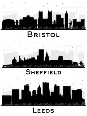 Sheffield, Leeds ve Bristol UK City Skyline Silhouette seti ve White 'ta izole edilmiş Siyah Binalar. Şehir simgeleriyle dolu. Tarihi Mimariyle İş Seyahati ve Turizm Konsepti.
