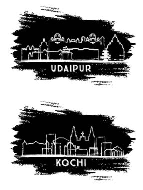 Kochi ve Udaipur Hindistan Şehri Skyline siluet seti. El çizimi çizimi. Tarihi Mimariyle İş Seyahati ve Turizm Konsepti. Yer İmlerine sahip şehir manzarası.