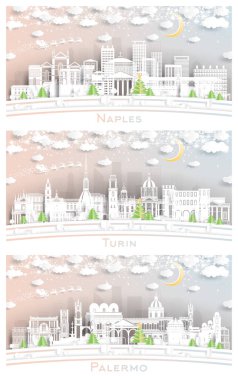Turin, Palermo ve Napoli City Skyline, Snowflakes, Moon ve Neon Garland ile Paper Cut Style ile çekilmiştir. Noel ve Yeni Yıl Kavramı. Noel Baba kızakta. Yer İmlerine sahip şehir manzarası.