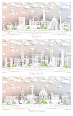 Cenova, Floransa ve Bari İtalya City Skyline Set 'i Kar Taneleri, Ay ve Neon Garland ile Paper Cut Style. Noel ve Yeni Yıl Kavramı. Noel Baba Kızakta.