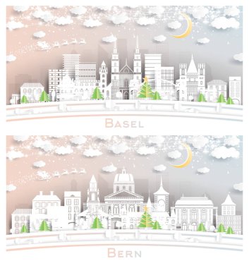Bern ve Basel İsviçre 'nin Skyline seti, Kar Taneleri, Ay ve Neon Garland ile Kağıt Kesiği Tarzı. Noel ve Yeni Yıl Kavramı. Noel Baba kızakta. Yer İmlerine sahip şehir manzarası.
