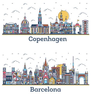 Barcelona İspanya ve Kopenhag City Skyline Set ve Renkli Tarihi Binalar Beyaz üzerine izole edilmiştir. Yer İmlerine sahip şehir manzarası.
