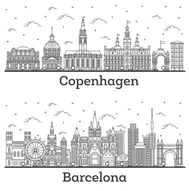 Barcelona İspanya ve Kopenhag City Skyline Set 'i ana hatlarıyla beyaza izole edilmiş tarihi binalar. Yer İmlerine sahip şehir manzarası.
