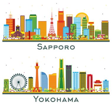 Yokohama ve Sapporo Japon Şehri Skyline Set ve beyaz renkli binalar. Modern Mimariyle İş Seyahatleri ve Turizm Konsepti. Yer İmlerine sahip şehir manzarası.