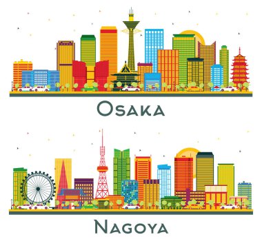 Nagoya ve Osaka Japon Şehri Skyline Set ve Renk Binaları beyaza izole edilmiş. Modern Mimariyle İş Seyahatleri ve Turizm Konsepti. Yer İmlerine sahip şehir manzarası.