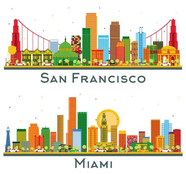 Miami Florida ve San Francisco City Skyline Set ve Renk Binaları White 'ta izole edilmiş. Modern Binalarla İş Seyahatleri ve Turizm Konsepti. Yer İmlerine sahip şehir manzarası.