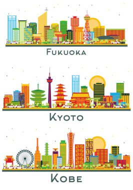 Kobe, Kyoto ve Fukuoka Japon Şehri Skyline Set ve Beyaz Renkli Binalar. Modern Mimariyle İş Seyahatleri ve Turizm Konsepti. Yer İmlerine sahip şehir manzarası.