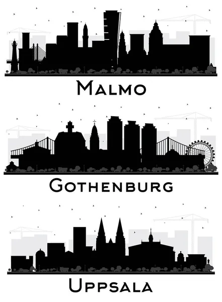 Γκέτεμποργκ Ουψάλα Και Μάλμε Σουηδία Skyline Silhouette Set Black Buildings — Φωτογραφία Αρχείου