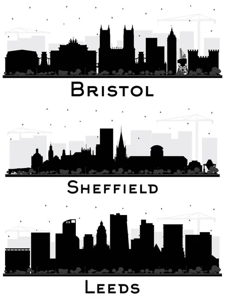 Sheffield Leeds Bristol City Skyline Silhouette Set Con Edifici Neri — Foto Stock