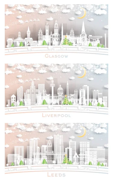 Liverpool Leeds Glasgow Scotland City Skyline Set Paper Cut Stijl — Stockfoto