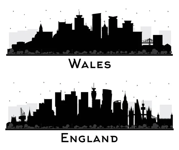 Inghilterra Galles City Skyline Silhouette Set Con Edifici Neri Isolati — Foto Stock