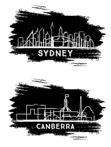 キャンベラとシドニーオーストラリアシティスカイラインシルエットセット 手描きスケッチ 現代建築とビジネス旅行や観光の概念 ランドマークと都市景観 — ストック写真