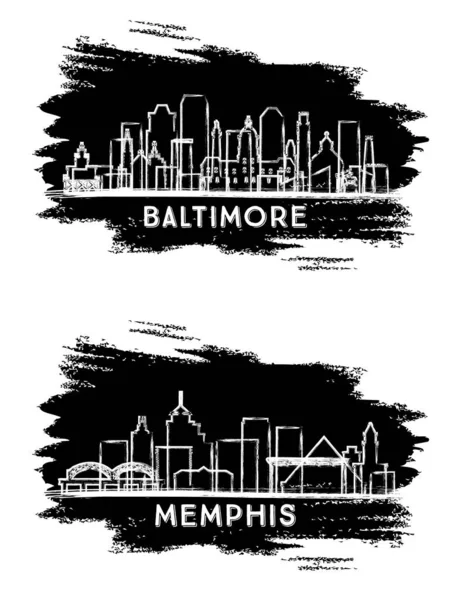 Zestaw Sylwetek Memphis Tennessee Baltimore Maryland City Skyline Ręcznie Narysowany — Zdjęcie stockowe