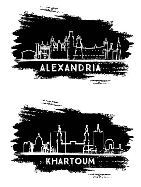Khartum Sudan Und Alexandria Egypt City Silhouette Set Handgezeichnete Skizze — Stockfoto