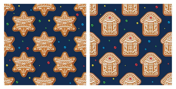 ジンジャーブレッドハウスとスター ブルーのパターン クリスマスクッキー — ストック写真