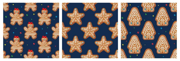 ジンジャーブレッドハウス 女性と青の星のパターン クリスマスクッキー — ストック写真