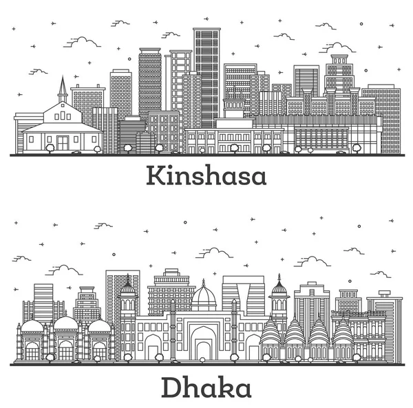 孟加拉国达卡和金沙萨的城市天际线设置 现代和历史建筑与白色隔离 有地标的城市景观 — 图库照片