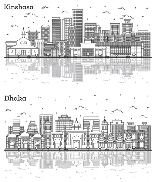概述金沙萨和达卡孟加拉国市的天际线设置 其现代建筑和映像与白色隔离 有地标的城市景观 — 图库照片