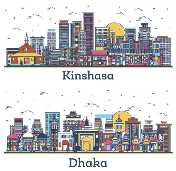 孟加拉国达卡和金沙萨的天际线与现代彩色建筑分隔在白墙之上 有地标的城市景观 — 图库照片