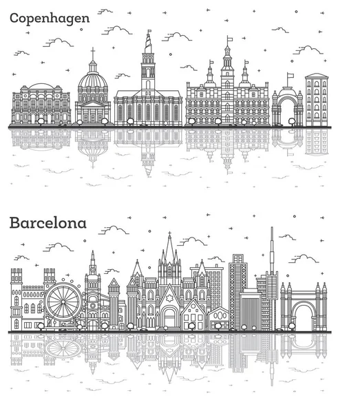 Umriss Barcelona Spanien Und Kopenhagen Dänemark City Skyline Set Mit — Stockfoto