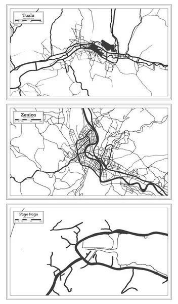パゴアメリカ領サモア ゼニカ ツズラ ボスニア ヘルツェゴビナ市地図白を基調としたレトロなスタイルで黒と白に設定 概要図 — ストック写真