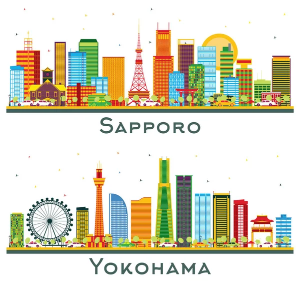 Yokohama Sapporo Japan City Skyline Set Color Buildings Isolated White — 스톡 사진