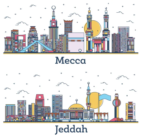 Esquema Jeddah Meca Ciudad Arabia Saudita Skyline Set Con Edificios —  Fotos de Stock