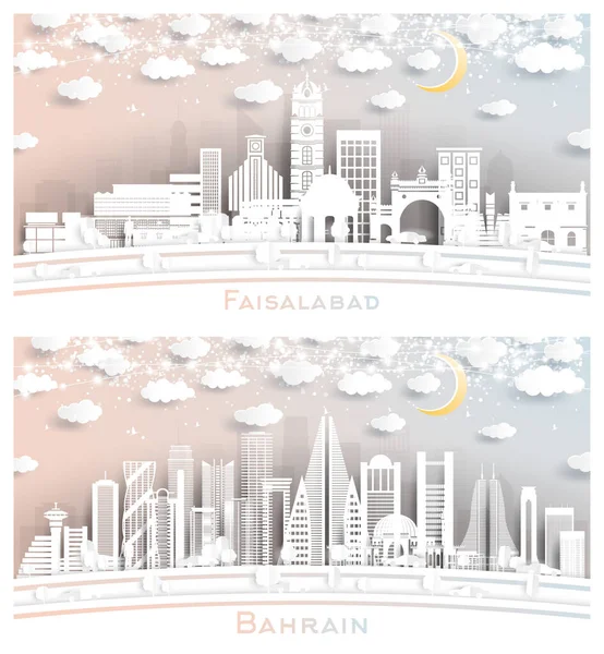 Bahreyn Faisalabad Pakistan City Skyline Set Beyaz Binalar Neon Garland — Stok fotoğraf