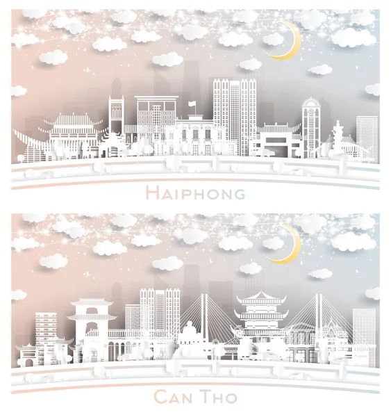 Can Tho Haiphong Vietnam City Skyline Set Paper Cut Style — Stockfoto