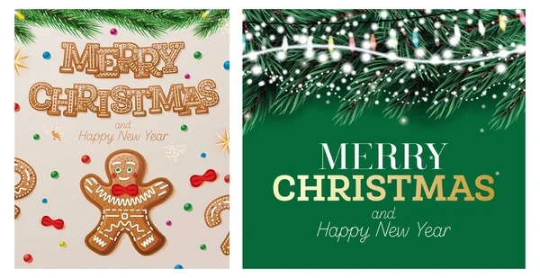 Christmas Greeting Card Set Gingerbread Man Fir Branches Happy New — Stock Photo, Image