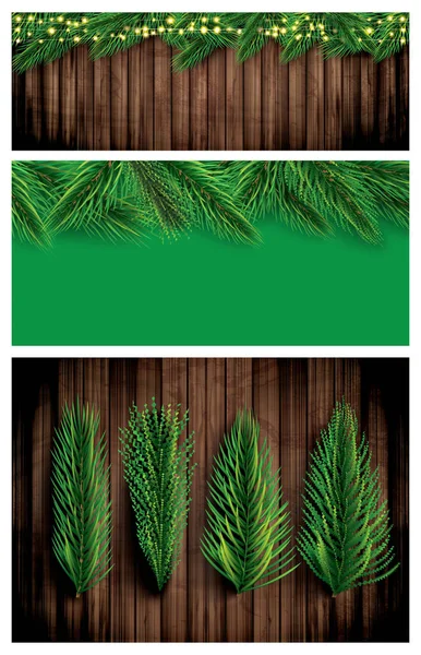 Jedlová Větev Neonovými Světly Dřevěném Pozadí Pine Sprigs — Stock fotografie