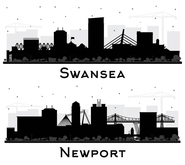 Ньюпорт Суонси Уэльс Сити Силуэт Skyline Set Черными Зданиями Изолированными — стоковое фото