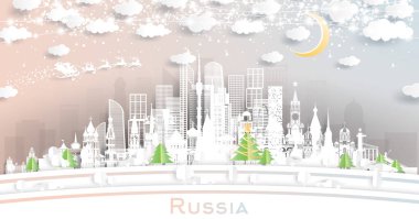 Rusya Kar Taneleri, Ay ve Neon Garland ile Kağıt Kesiği tarzında Kış Skyline. Vektör İllüstrasyonu. Noel ve Yeni Yıl Kavramı. Noel Baba kızakta. Tarihi Simgeli Rusya Şehri.
