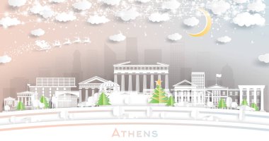 Atina Yunanistan. Kar Taneleri, Ay ve Neon Garland ile Kağıt Kesiği Tarzı Altında Winter City Skyline. Noel ve Yeni Yıl Kavramı. Noel Baba kızakta. Tarihi Simgelerle Atina Şehir Manzarası.