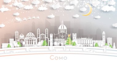 Kartaneleri, Ay ve Neon Garland 'lı Como Italy City Skyline. Vektör İllüstrasyonu. Noel ve Yeni Yıl Kavramı. Noel Baba kızakta. Simgeli Como Şehir Manzarası